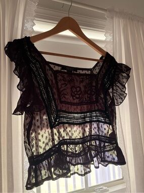 Sheer Black Ruffled Square-Neck Top